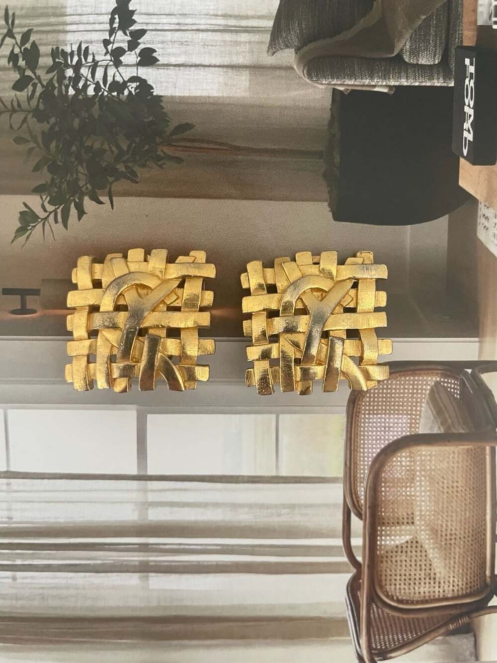 Vintage Yves Saint Laurent Woven Basketweave Logo Gold Tone Clip On Earrings